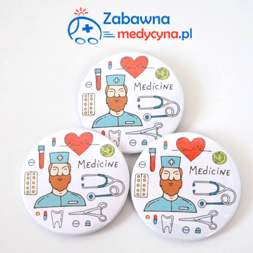 Przypinka z serii "ZABAWNA MEDYCYNKA" z wizerunkiem lekarza, przypinka dla lekarza, przypinka dla medyka, znaczek dla medyka, gadżet medyczny, gadżet dla medyka