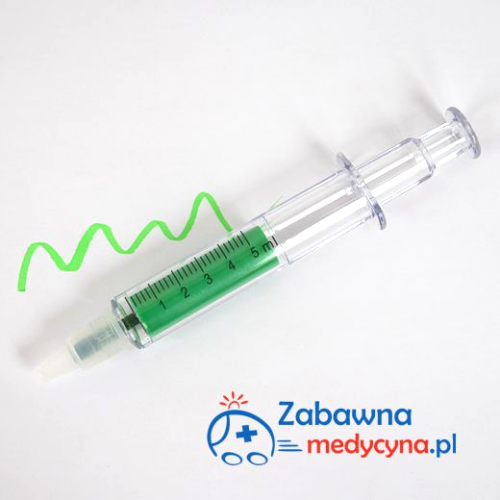 Zakreślacz strzykawka, zakreślacz w kształcie strzykawki, gadżet medyczny, dla pielęgniarek, dla ratowników, dla położnych, dla lekarzy, strzykawka zielona
