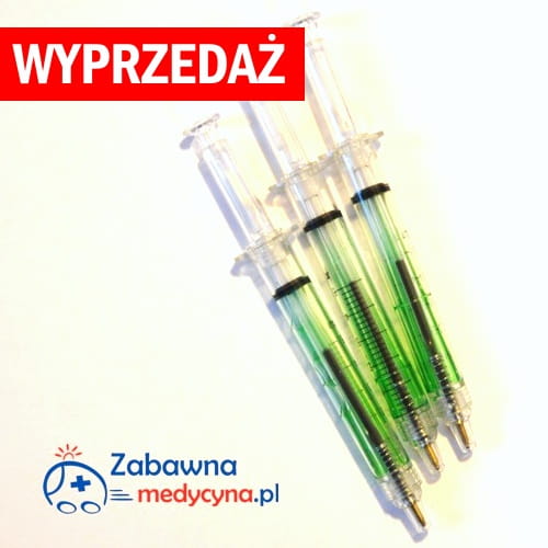 Długopis strzykawka, długopis w kształcie strzykawki, długopis z cieczą, długopis dla medyka, długopis medyczny, gadżet medyczny, plastikowa strzykawka.