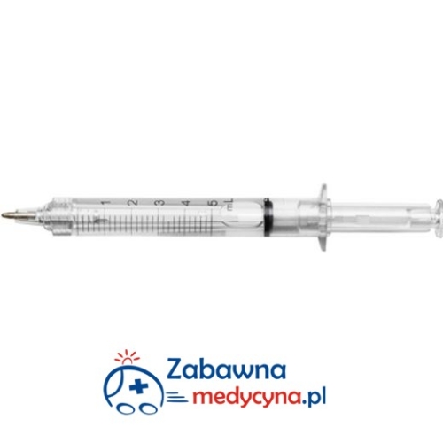 Najnowszy model długopisu strzykawki z bezbarwnym płynem. Długopis strzykawka, długopis w kształcie strzykawki, długopis z cieczą, długopis dla medyka, długopis medyczny, gadżet medyczny, plastikowa strzykawka.