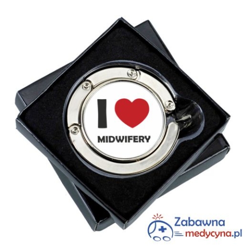 Wieszak na torebkę z motywem I LOVE MIDWIFERY położna polozna wieszak dla położnej prezent dla położnej dla studentki położnictwa konferencja położnej nie czepek położniczy czerwony pasek