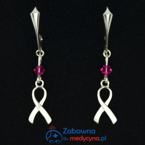 Kolczyki WSTĄŻKA i SWAROVSKI bicone (Fuchsia) srebro 925 - symbol walki z rakiem rak pielęgniarka onkologiczna onkologia onkologiczny wstążka wstazka z okazji wygrania z rakiem profilaktyka raka piersi, studentka fizjoterapii lub masażu