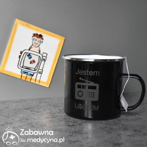 Kubek emaliowany JESTEM RADIOLOGIEM czarny - kubek dla radiologa, radiologów, kubek radiologiczny. Kubek na prezent urodzinowy dla radiologa.