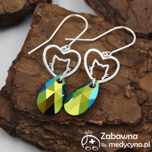Kolczyki KOTEK Swarovski łezka Scarabaeus Green srebro 925 studentka weterynarii prezent dla studentki Weterynarii prezent dla kociary prezent dla miłośniczki kotów super kot kot vet wet wetka studia weterynaryjne hit kot behawiorystka hodowca kotów