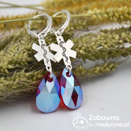 Kolczyki ESKULAP Swarovski Light Siam Shimmer srebro 925 kolczyki medyczne z eskulapem eskulap znak medyczny prezent dla studentki medycyny prezent dla Pielęgniarki pielęgniarka lekarka ratowniczka Mama Medyk Walentynki Dzień Mamy