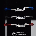 NURSE bransoletka Pielęgniarka napis na sznurku ze srebrem 925