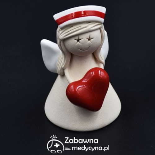 Ceramiczny anioł na prezent dla położnej z sercem - z czerwonym paskiem. położna, polozna, anioł położna, anioł serduszko, anioł serce, studentka położnictwa, czepek położniczy, czepek położnej, czepek dla położnej