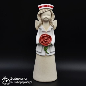 Średni ceramiczny anioł położna z różą (długie włosy)