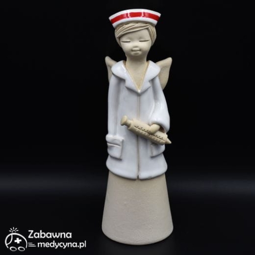 Ceramiczny anioł położna ze strzykawką, figurka położna, prezent dla położnej, aniołek położna, anioł z ceramiki, podziękowanie dla położnych, elegancki prezent dla położnych, położna w postaci anioła.