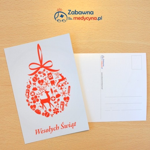 Kartka świąteczna bombka, bombka medyczna, pocztówka na święta, kartka na święta Bożego Narodzenia dla medyków, kartka dla pielęgniarki, położnej, lekarza, ratownika medycznego, technika RTG, oryginalna kartka świąteczna.