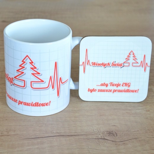 Komplet: kubek + podkładka, świąteczny prezent, prezent pod choinkę, prezent dla najbliższych, pomysł na prezent, życzenia świąteczne.