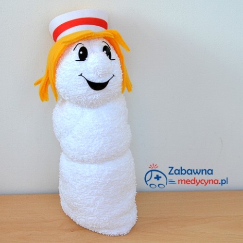 Ręcznik Zwijak Położna, podziękowanie dla położnej, gadżet dla położnej, figurka położna, figurka z ręcznika położna.