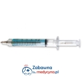 Długopis strzykawka niebieska, długopis w kształcie strzykawki, długopis z cieczą, długopis dla medyka, długopis medyczny, gadżet medyczny, plastikowa strzykawka.