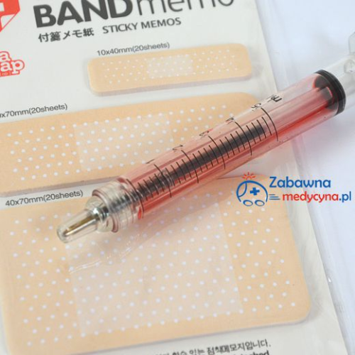 Karteczki plastry, karteczki memo, karteczki samoprzylepne, karteczki w kształcie plastrów, karteczki dla medyków, zestaw karteczki plastry i długopis strzykawka, długopis w kształcie strzykawki