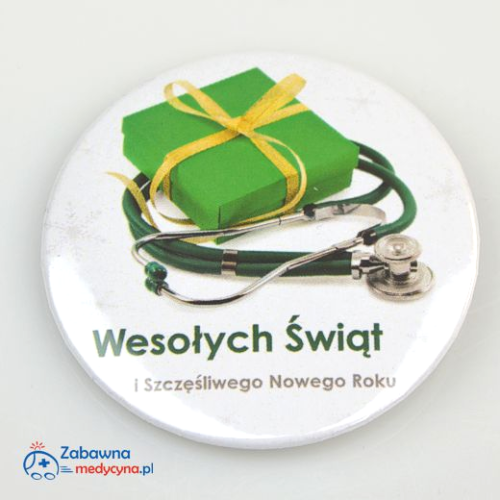 Świąteczna przypinka dla medyka ze stetoskopem i życzeniami wesołych świąt